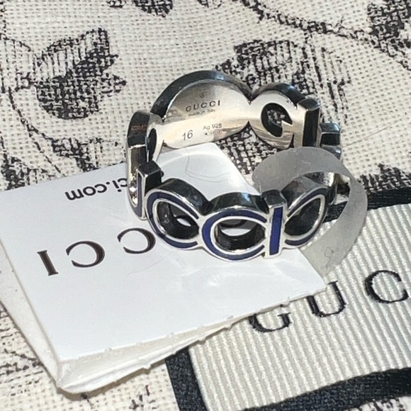 Gucci Interlocking Sterling Silver Blue Enamel 9mm Ring Size 7 - Picture 10 of 10